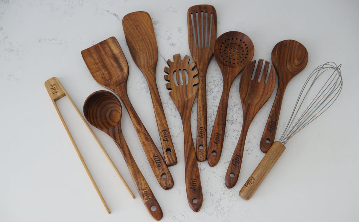 10 Piece Teak Wooden Utensil Set