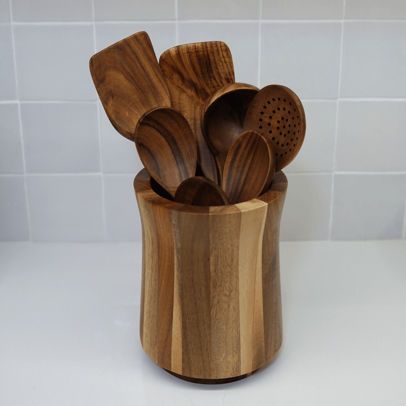 7 Piece Teak Utensil Set + Caddy Bundle