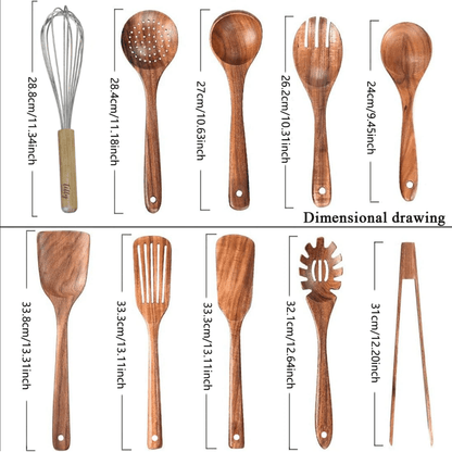 10 Piece Teak Wooden Utensil Set + Caddy Bundle